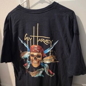 Guy Harvey Pirate Skull Shark Black Pocket T-Shirt Mens 2XL Hanes Beefy-T 2003